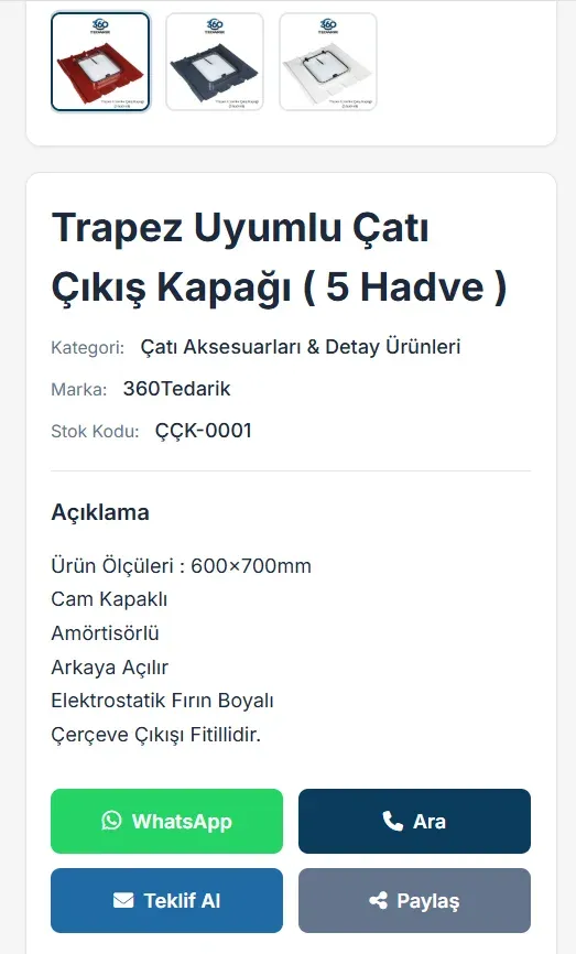 360 Tedarik ürün sayfası: Trapez Uyumlu Çatı Çıkış Kapağı, WhatsApp, Ara, Teklif Al ve Paylaş butonları