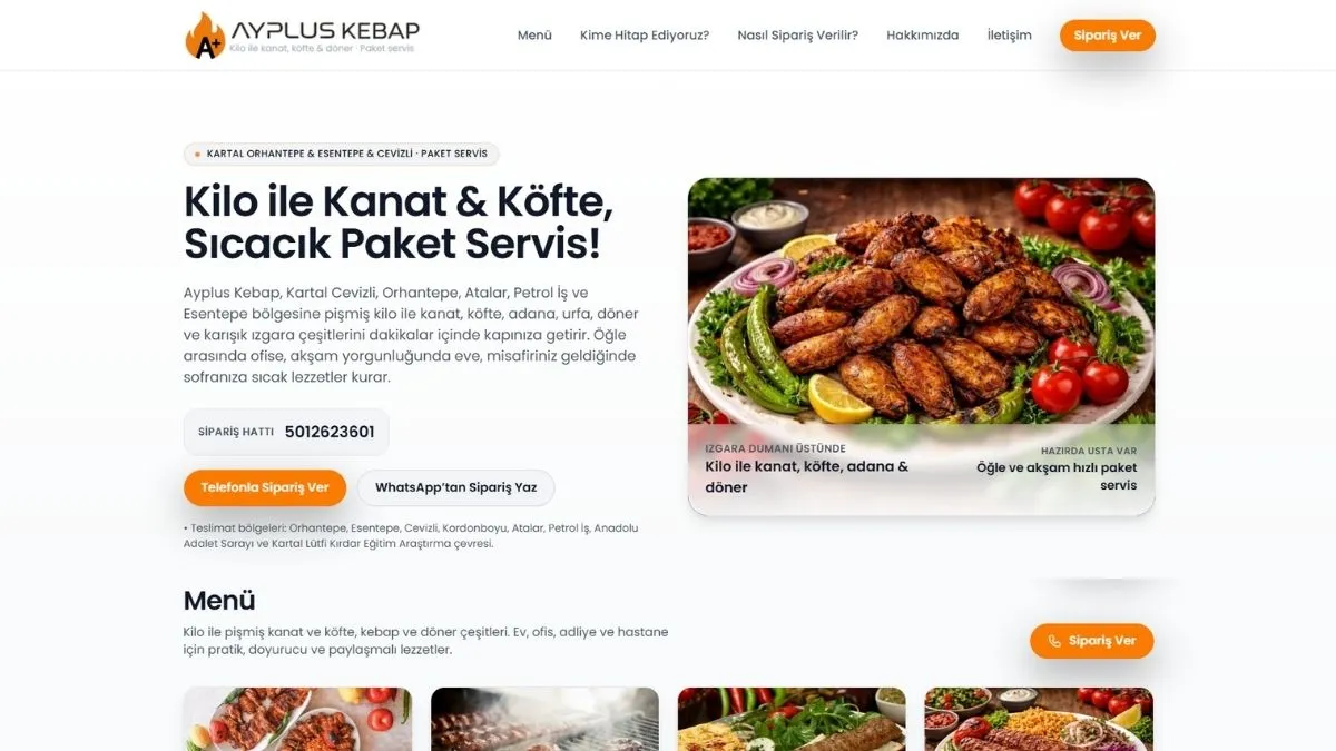 Ayplus Kebap paket servis web sitesi ana sayfası