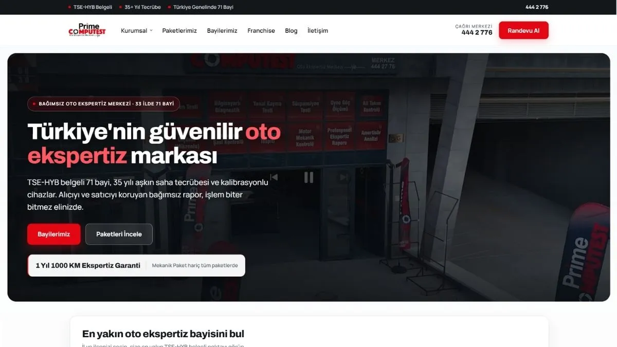 Prime Computest oto ekspertiz kurumsal web sitesi