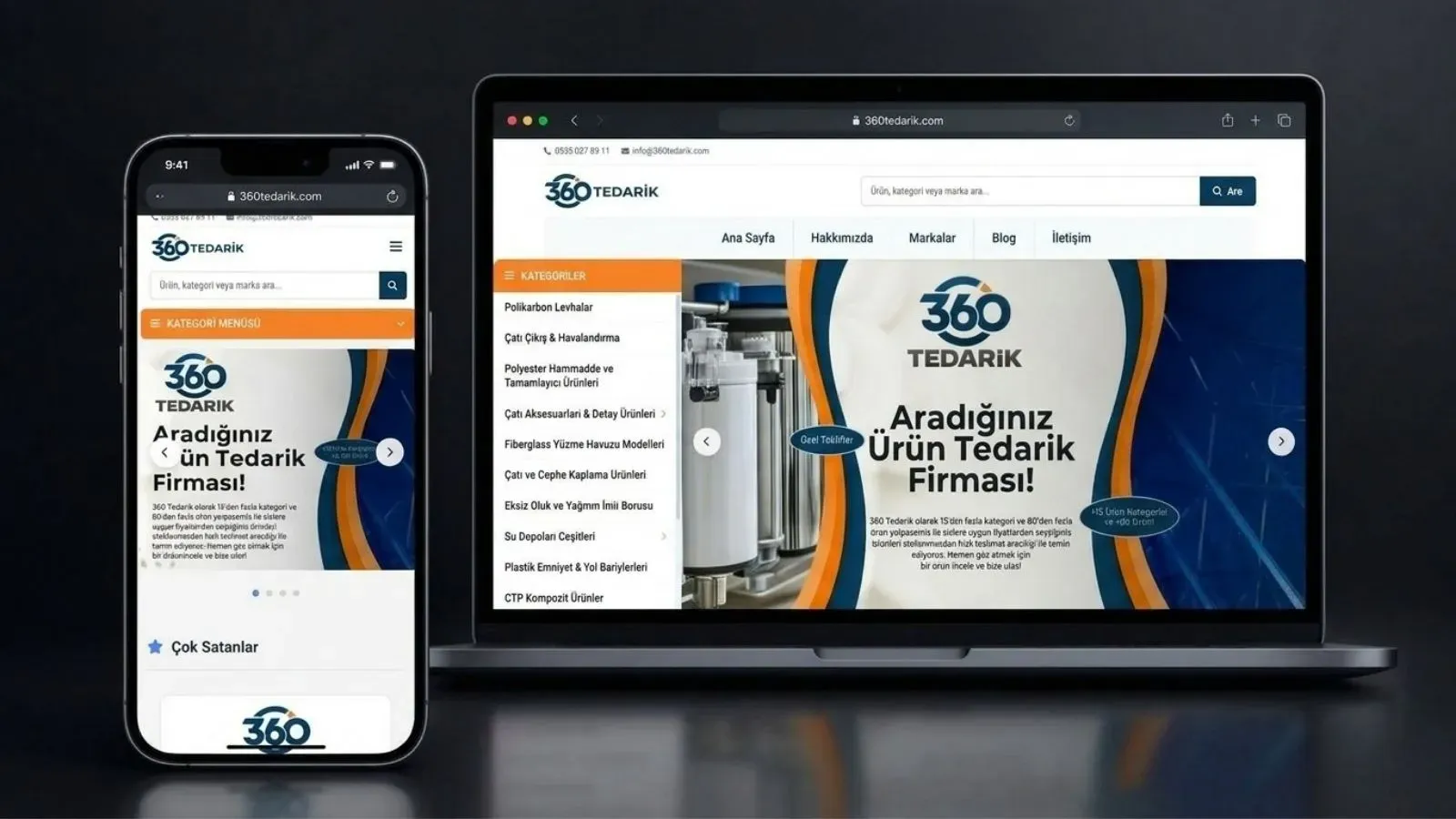 360 Tedarik e-ticaret sitesinin masaüstü ve mobil görünümü — ÇözümWEB Tasarım projesi