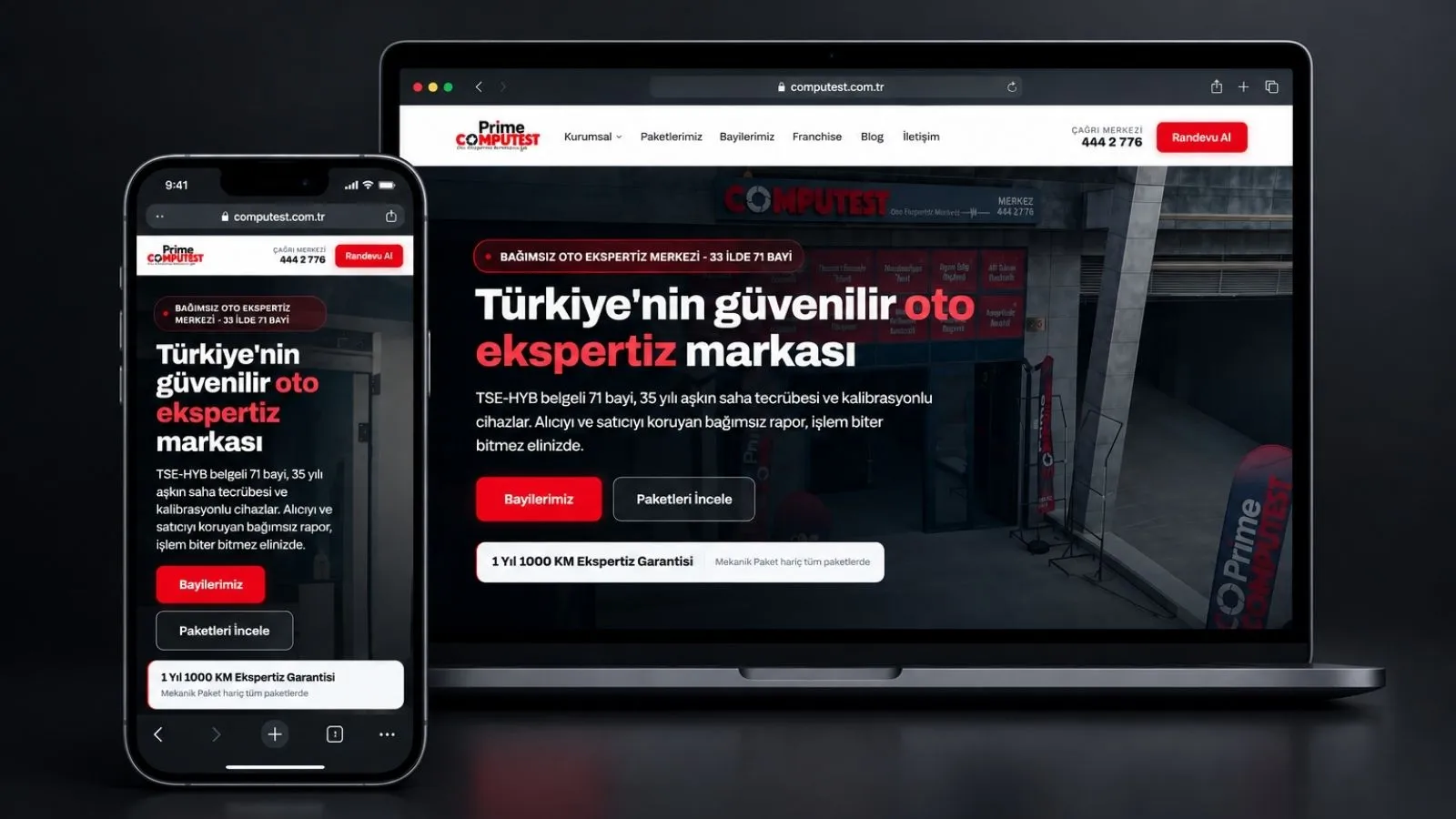 Computest oto ekspertiz web sitesinin masaüstü ve mobil görünümü — ÇözümWEB Tasarım projesi