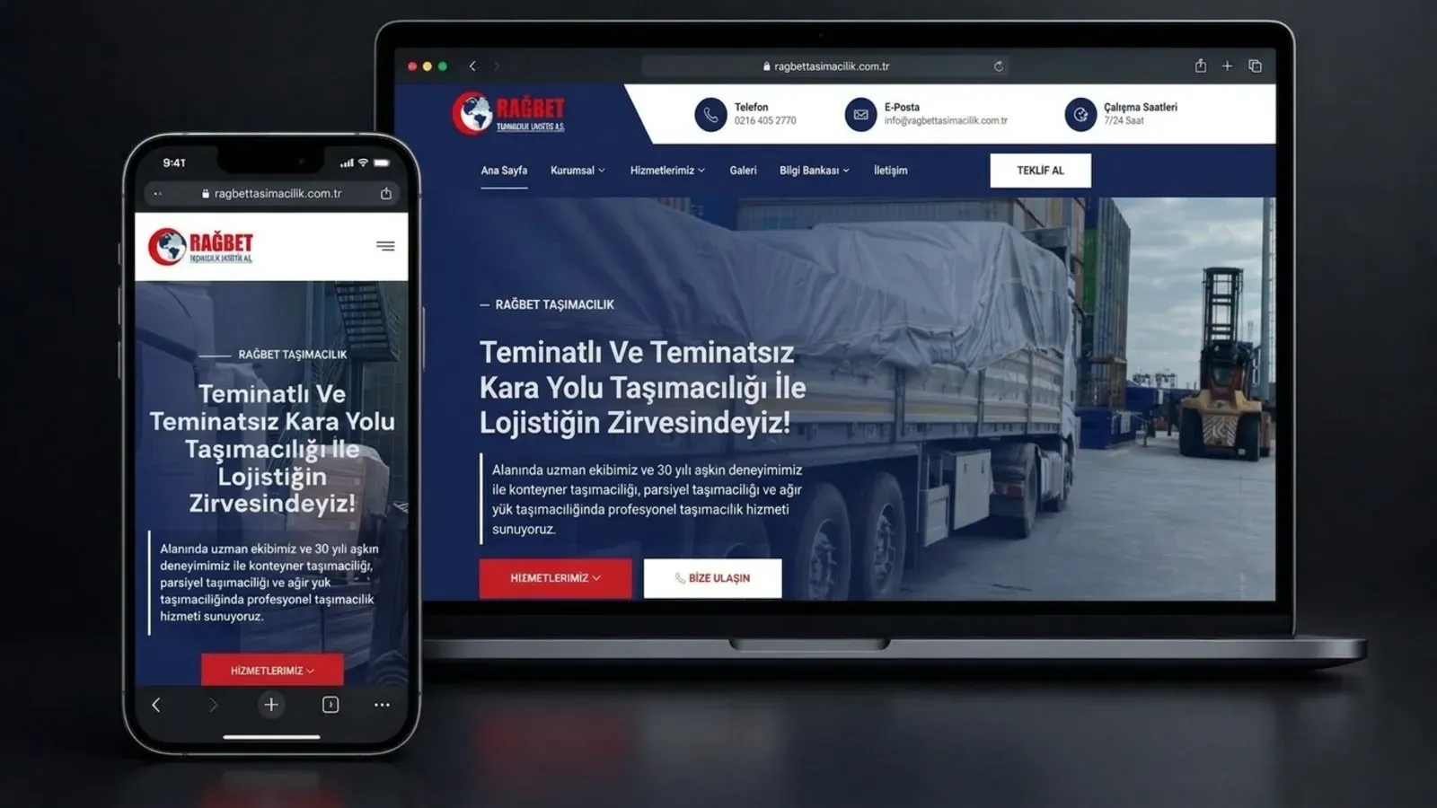 Rağbet Taşımacılık lojistik web sitesinin masaüstü ve mobil görünümü — ÇözümWEB Tasarım projesi