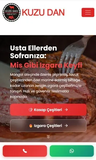 Kuzudan mobil ana sayfası: kasap ve ızgara çeşitleri butonları, ekrana sabit arama ve WhatsApp butonları