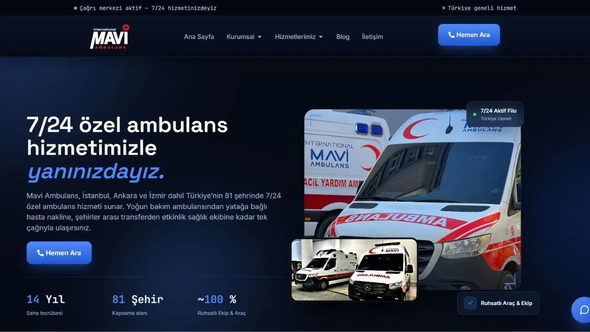 Mavi Ambulans özel ambulans web sitesi ana sayfası