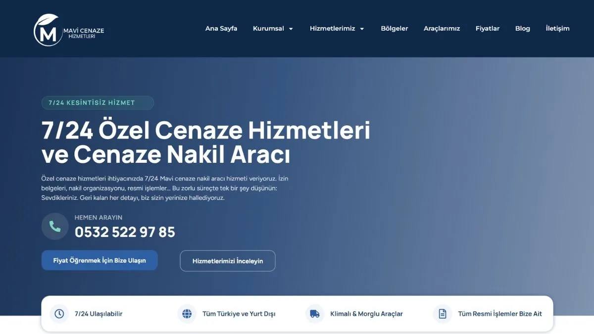 Mavi Cenaze Hizmetleri web sitesi ana sayfası