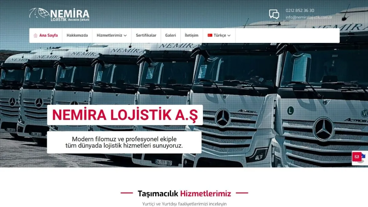 Nemira Lojistik web sitesi ana sayfası
