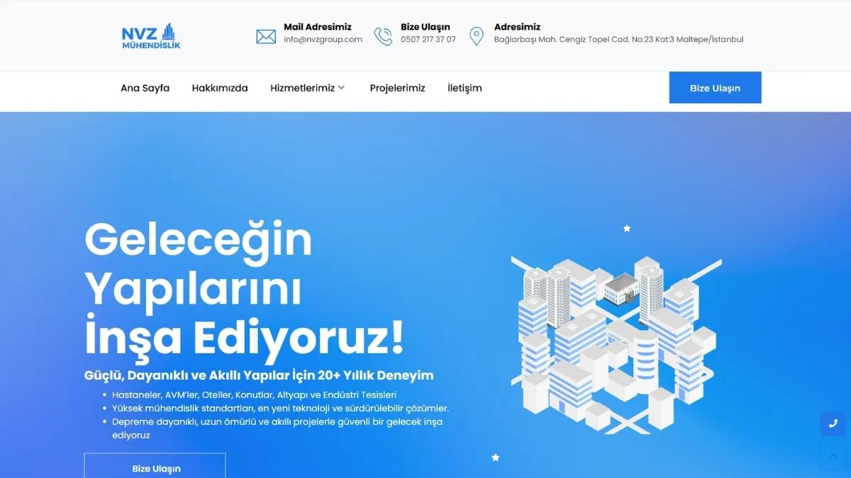 NVZ Mühendislik web sitesi ana sayfası