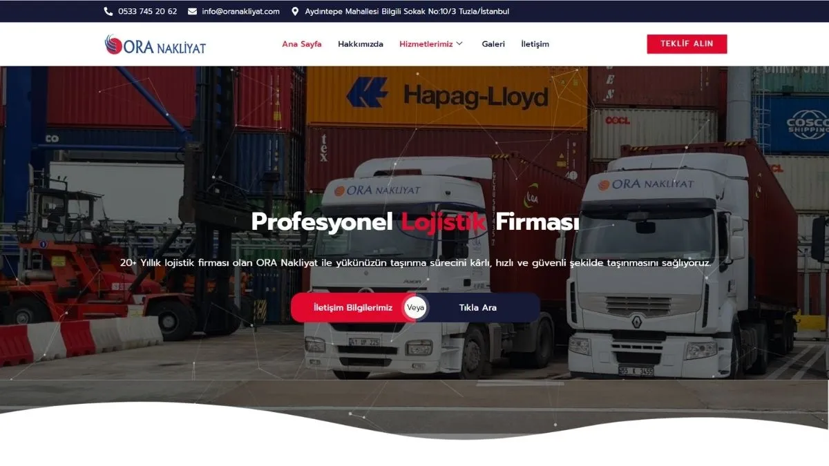 ORA Nakliyat web sitesi ana sayfası