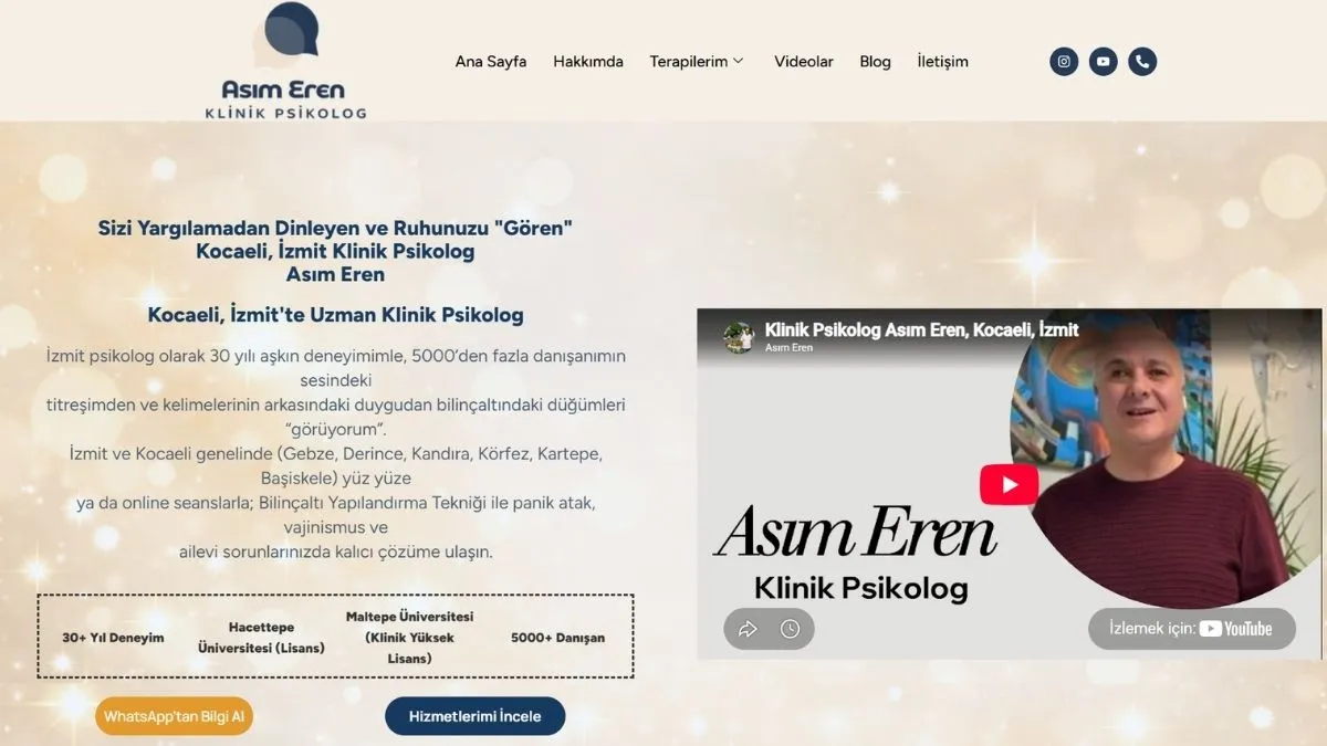 Klinik Psikolog Asım Eren web sitesi ana sayfası