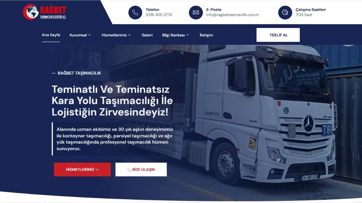 Rağbet Taşımacılık web sitesi ana sayfası
