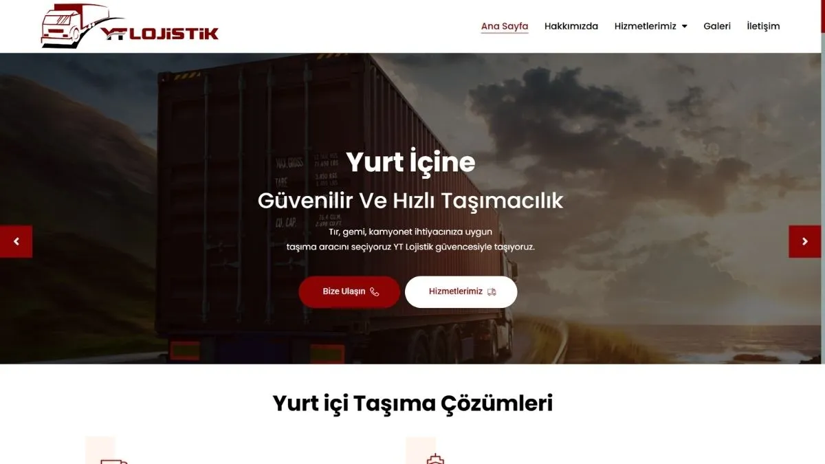 YT Lojistik web sitesi ana sayfası